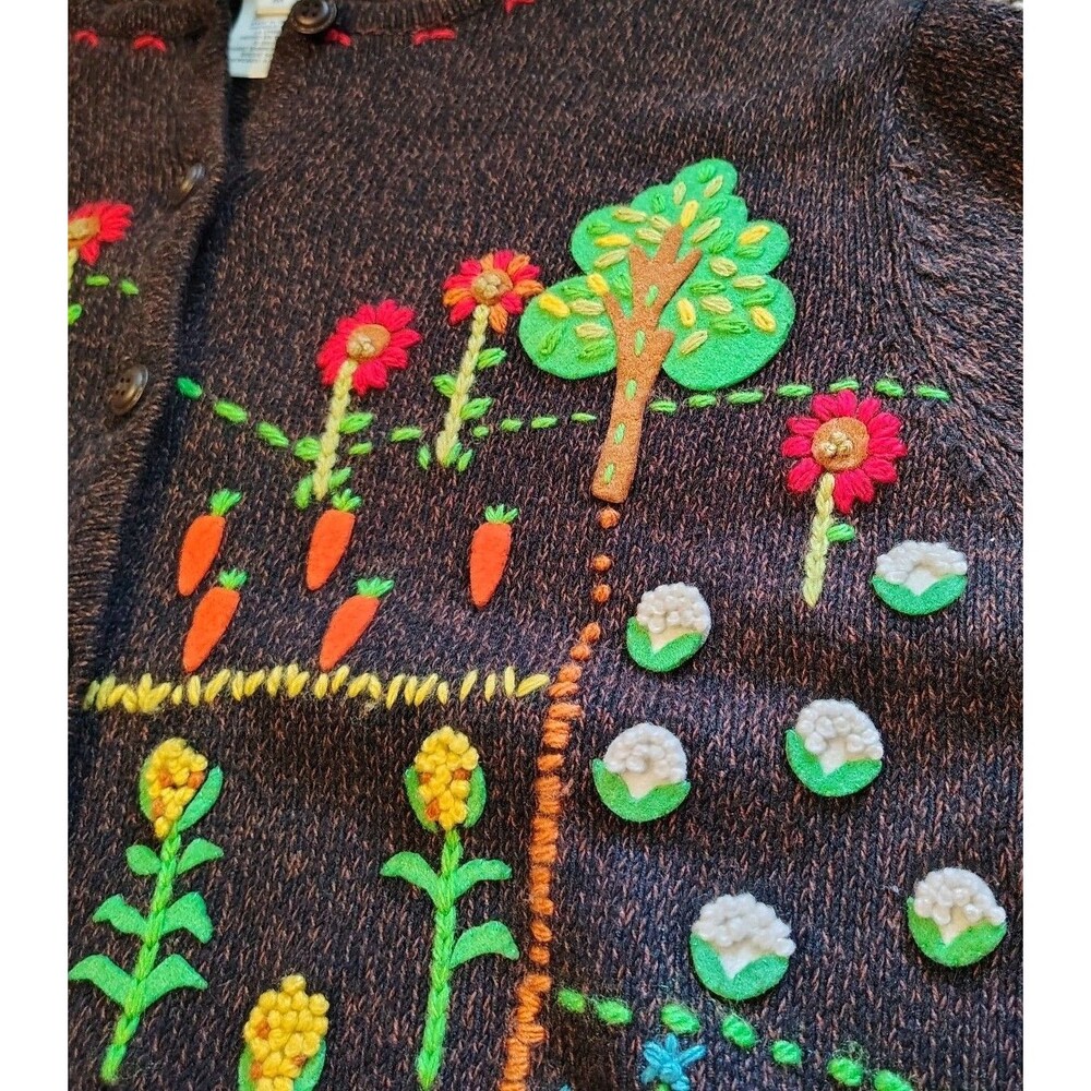 Vtg 90s Susan Bristol Farmcore Knit Cardigan M Sweater Cow Garden Cottagecore - Picture 8 of 11